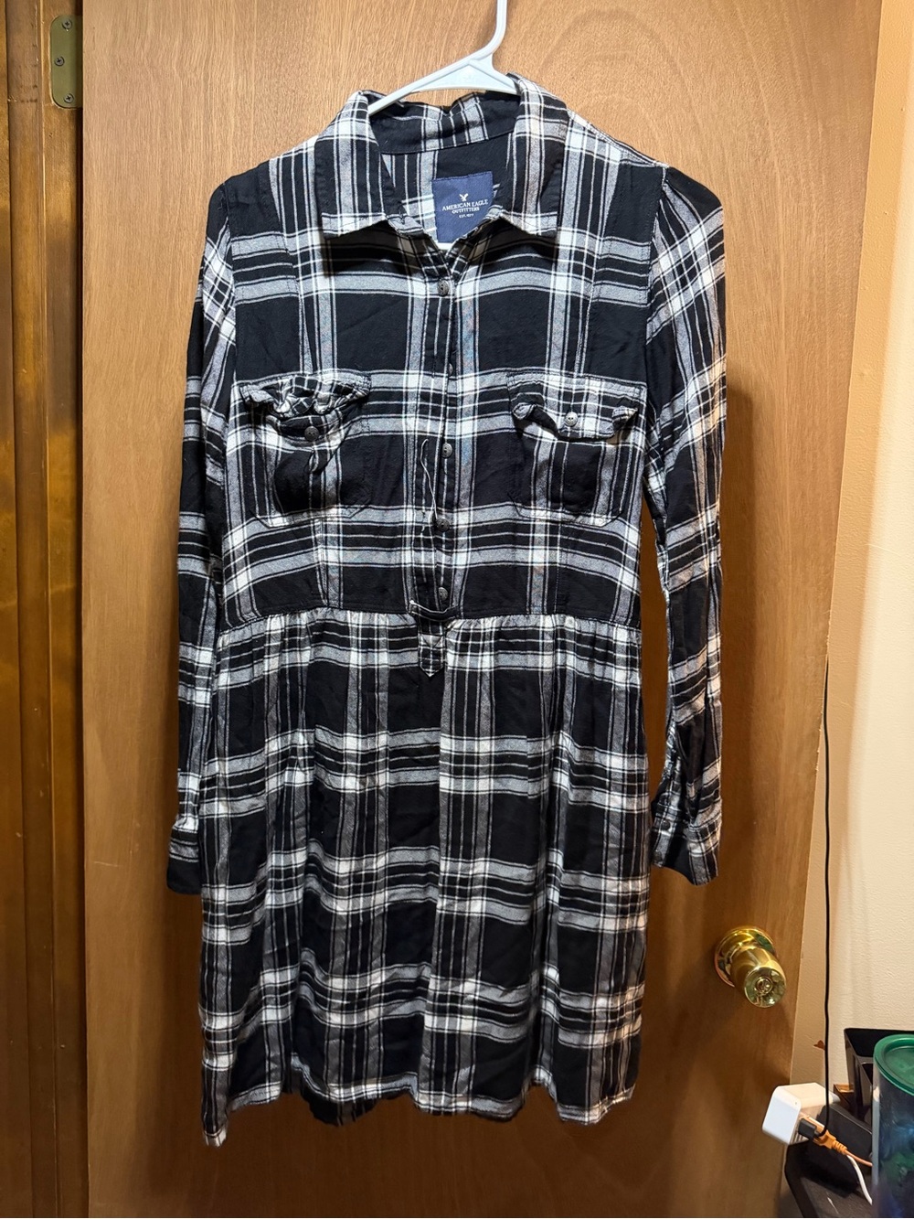 American Eagle Outfitters Black & White Plaid Long-Sleeve Shirt Dress